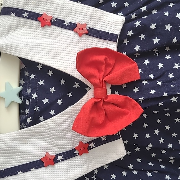 Vintage red, white, blue Short Sleeve Toddler Summer Dress With Stars & Red Bow - Picture 2 of 5